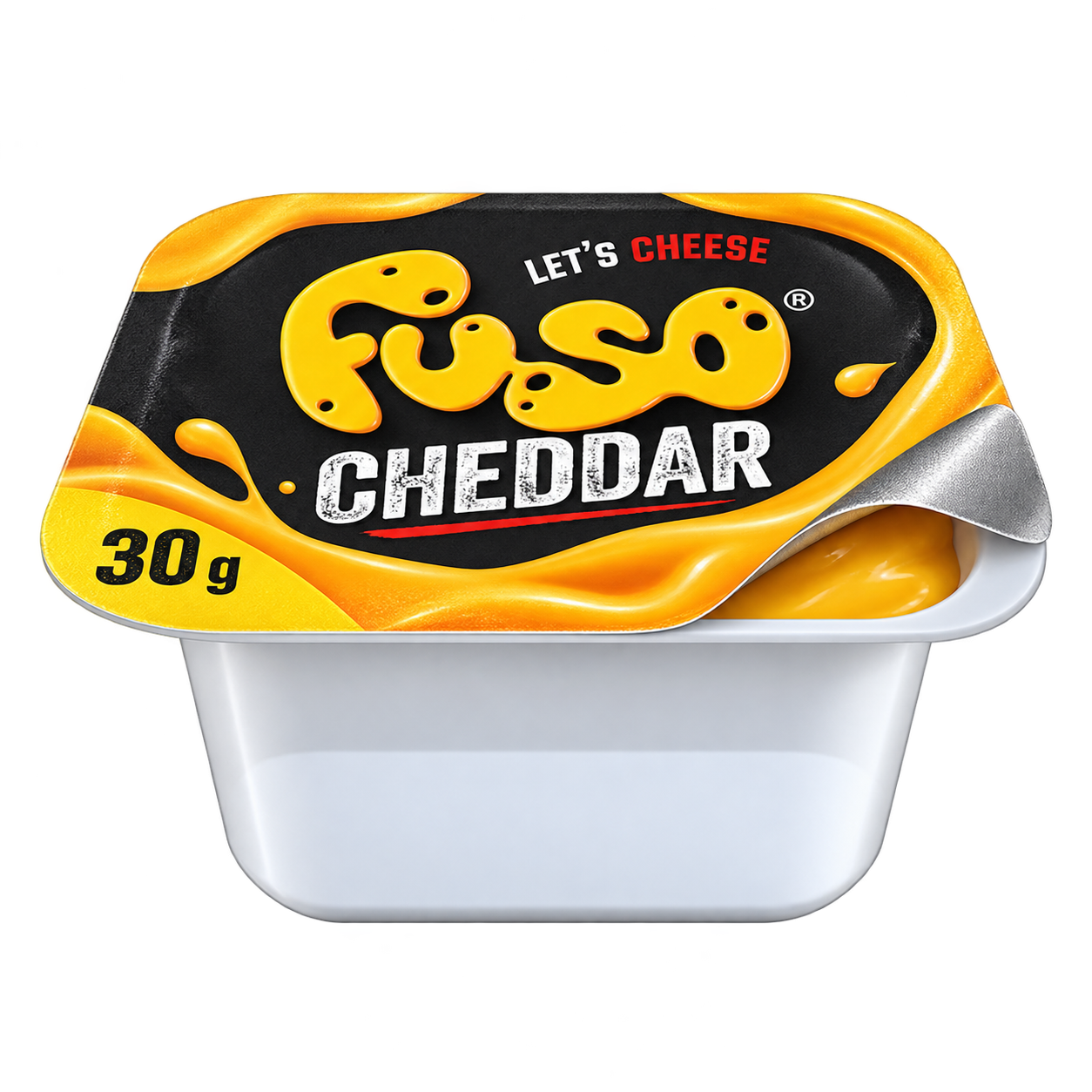 Mockup cup Fuso Cheddar da 30 g con pellicola parzialmente aperta
