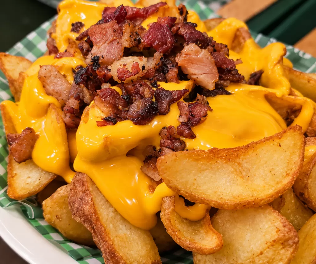 Patatine dorate con crema di cheddar e bacon